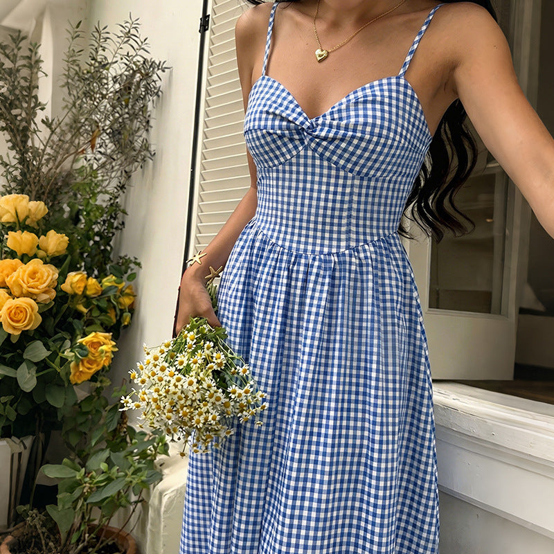 Blue Gingham Bow Front Midi Dress Cottagecore Sundress