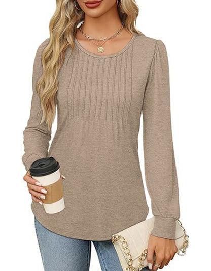Solid Cotton Pintuck Blouse Long Sleeve Work Top