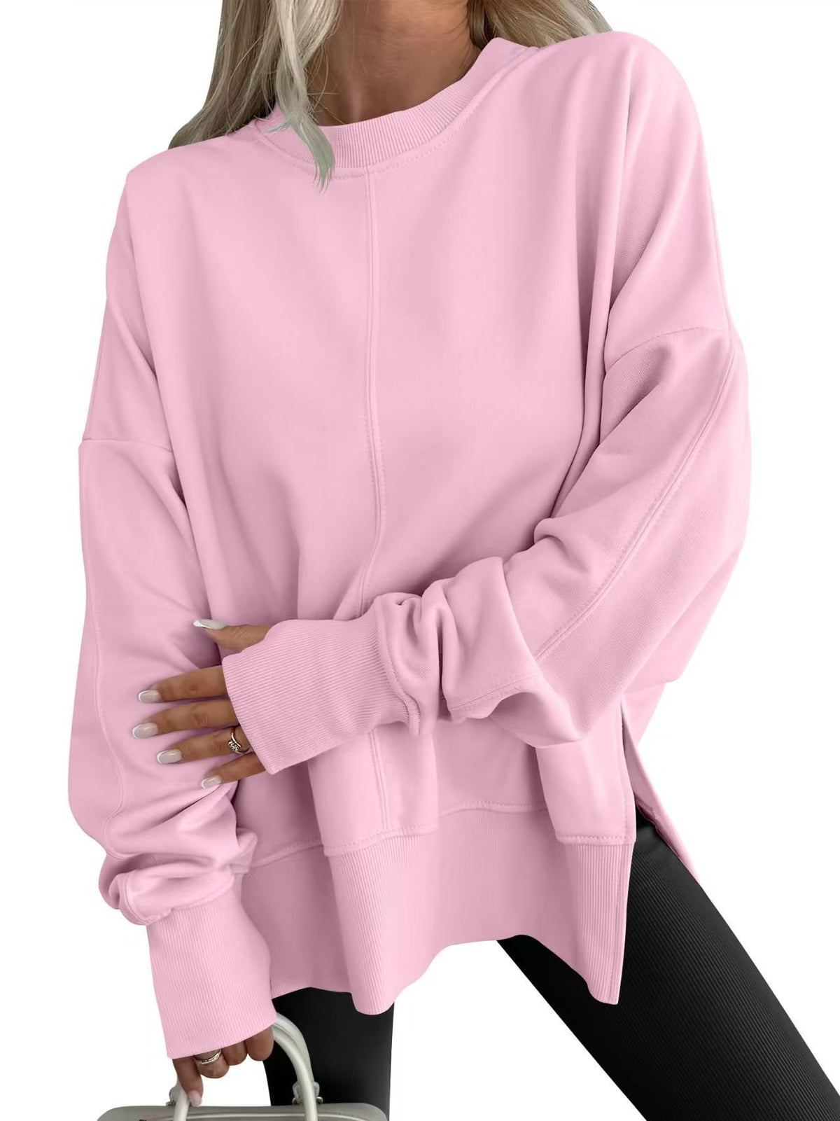 Oversized Crewneck Sweatshirt Batwing Side Slit Fleece