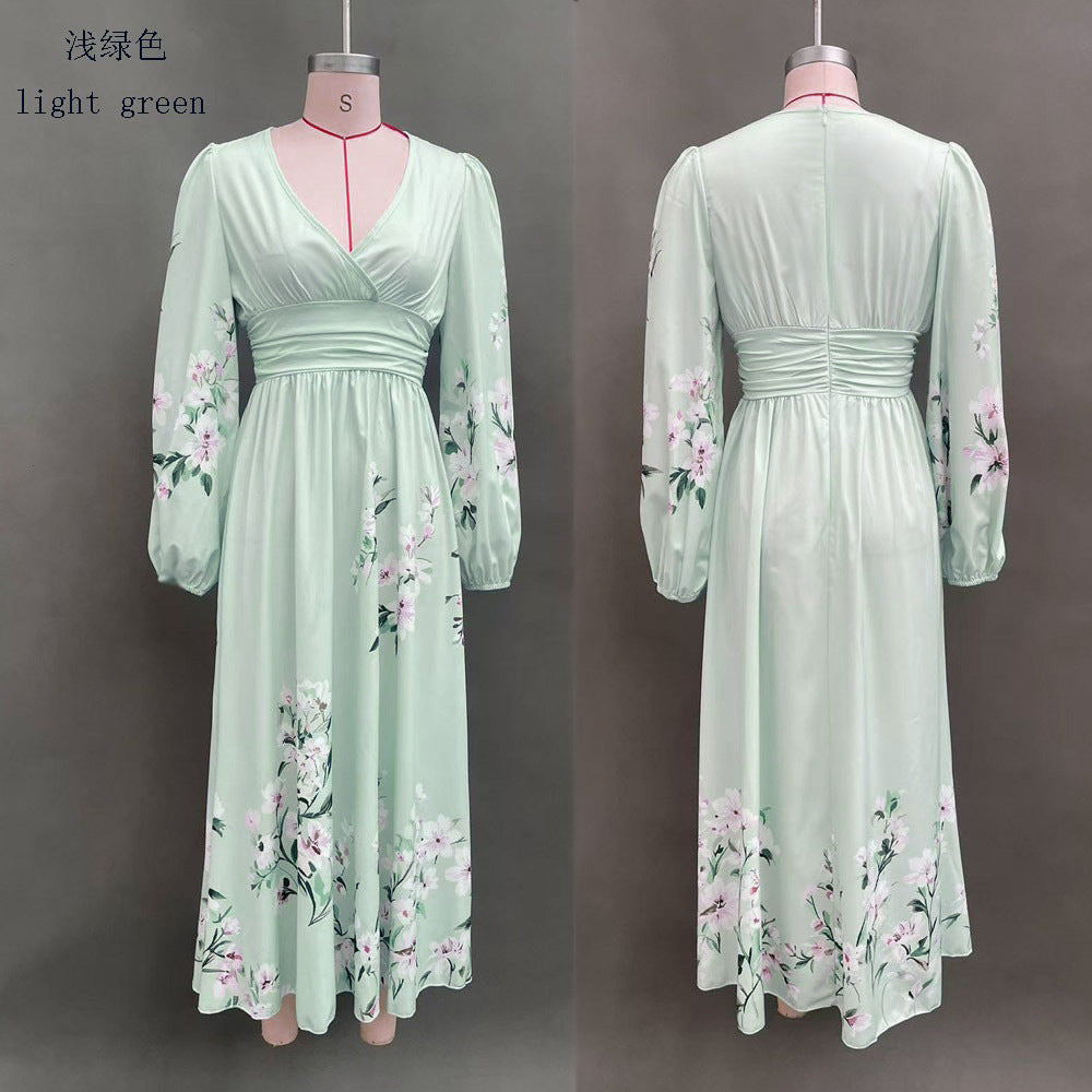 Floral V Neck Pleated Long Sleeve Maxi Dress