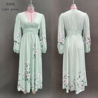 Floral V Neck Pleated Long Sleeve Maxi Dress