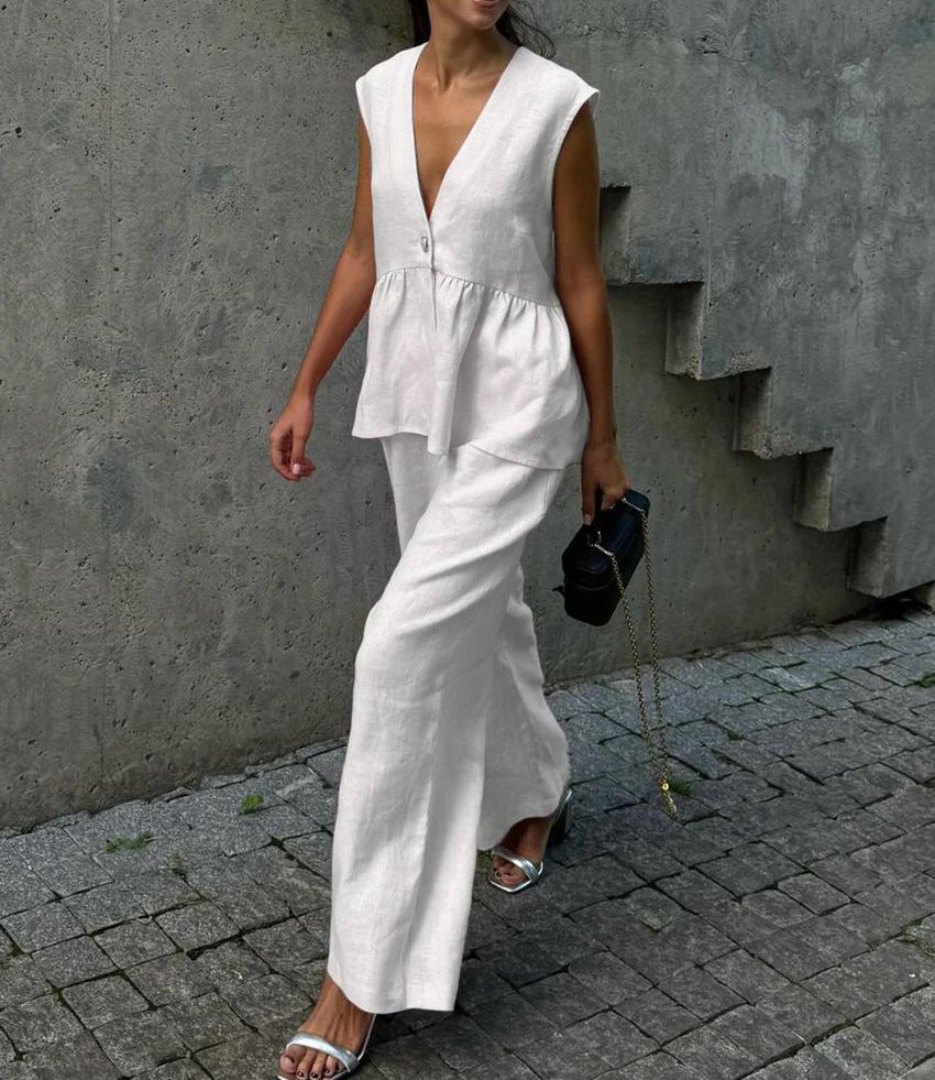 Women's Two Piece V-Neck Vest Pants Set Sleeveless Solid
