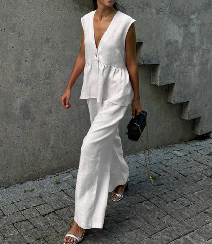 Women's Two Piece V-Neck Vest Pants Set Sleeveless Solid