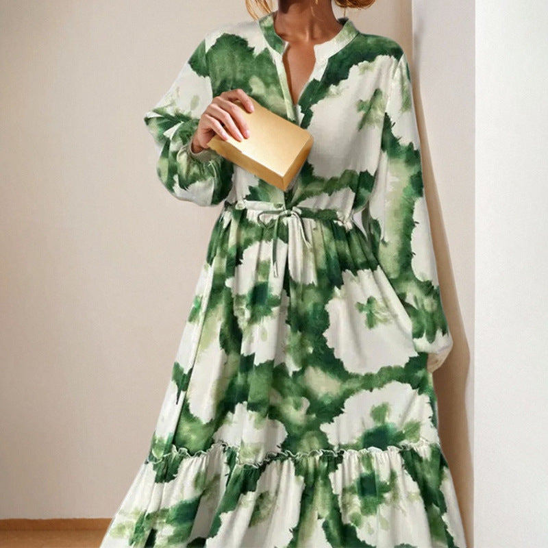Women's V-Neck Floral Long Sleeve Tiered Maxi Dress