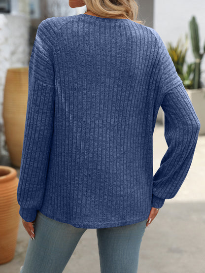 Casual Solid Color Ribbed Knit Button Detail Long Sleeve Top
