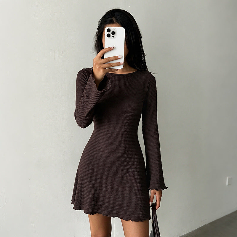 Women's Textured Boat Neck Bell Sleeve Mini Dress