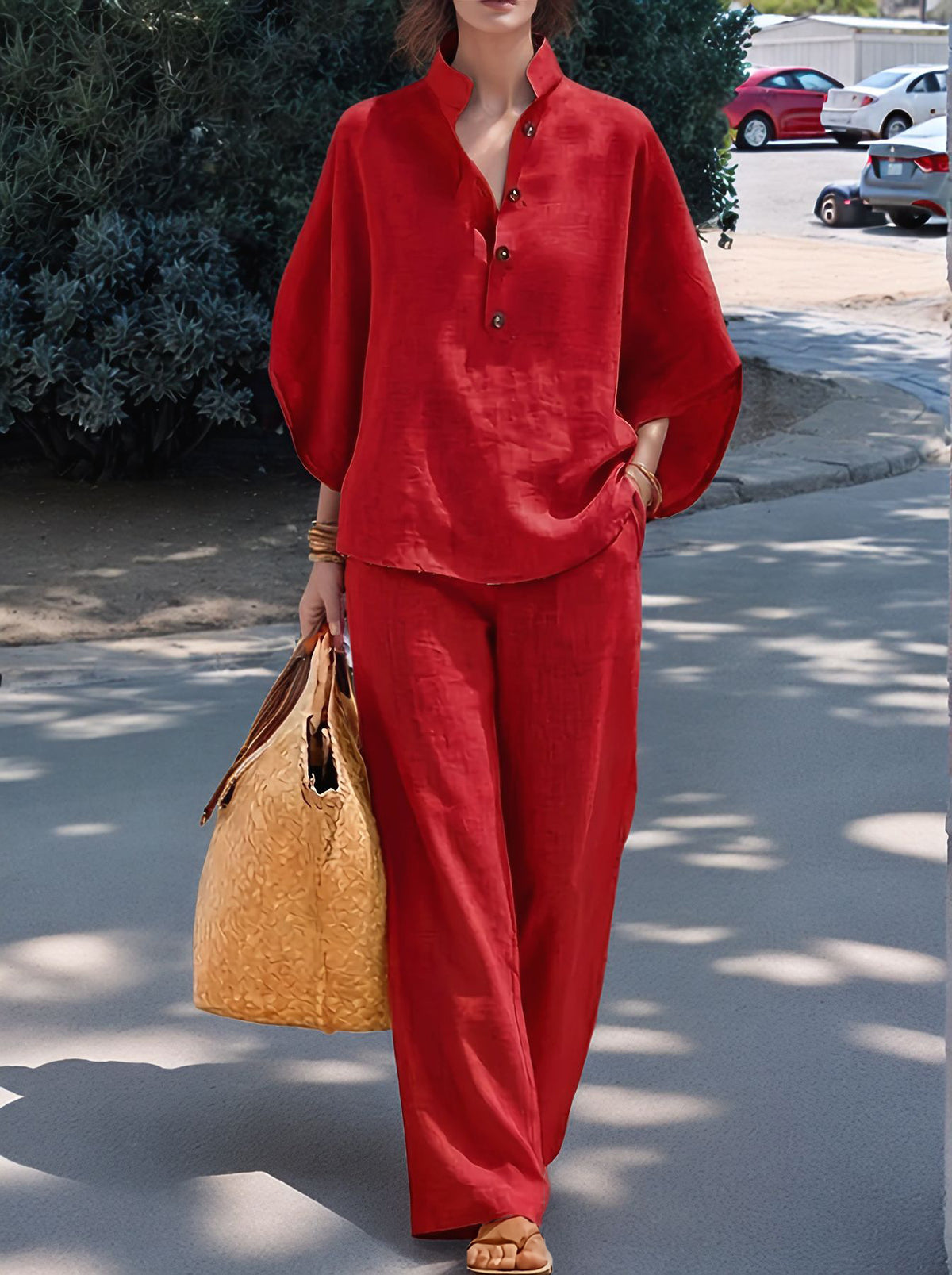 Women's Casual Two Piece Collared Shirt Wide Leg Pants Set