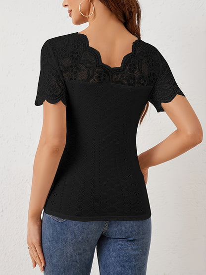 Lace Patchwork Slim Fit V-Neck Short Sleeve Top