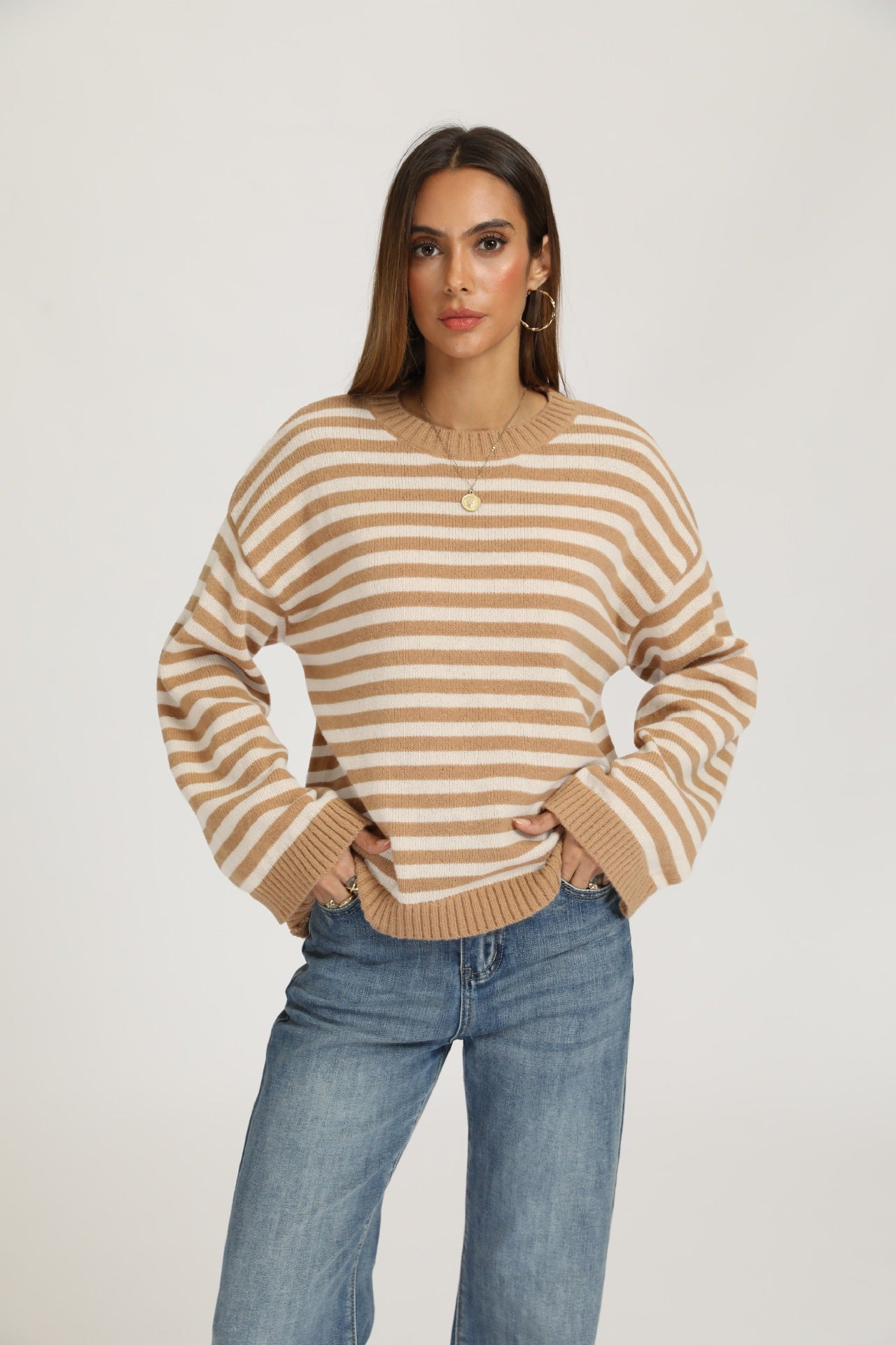 Striped Knit Sweater Crew Neck Pullover Oversized Top