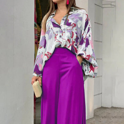 Women's Printed Blouse Wide Leg Pant 2 Piece Set