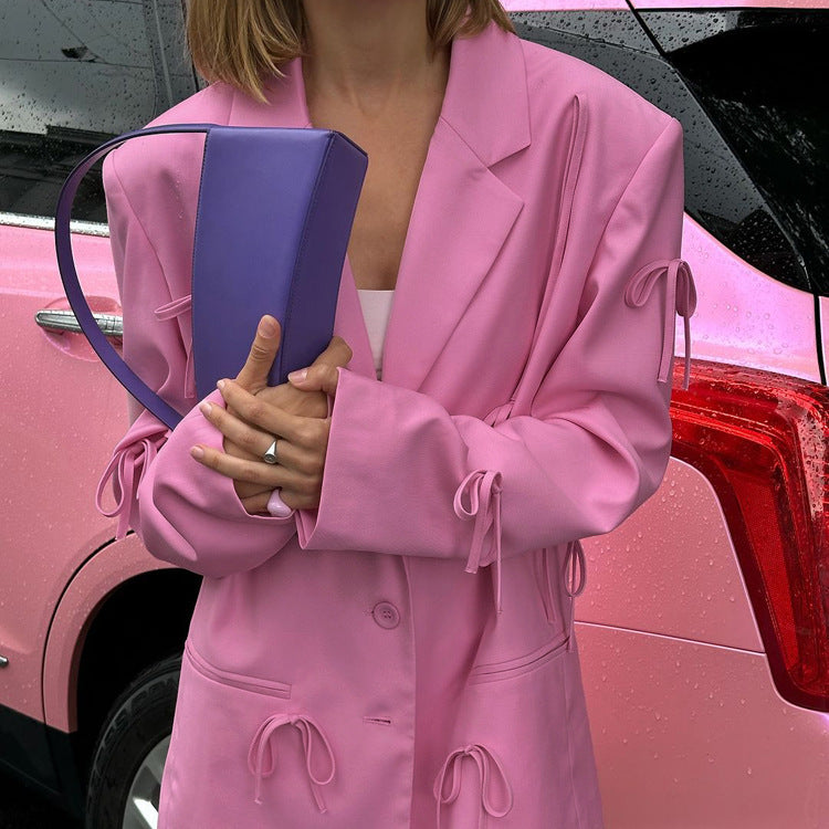 Women's Pink Bow Detail Oversized Casual Blazer