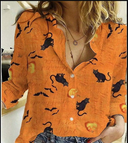 Women's Halloween Pumpkin Cat Button Up Blouse