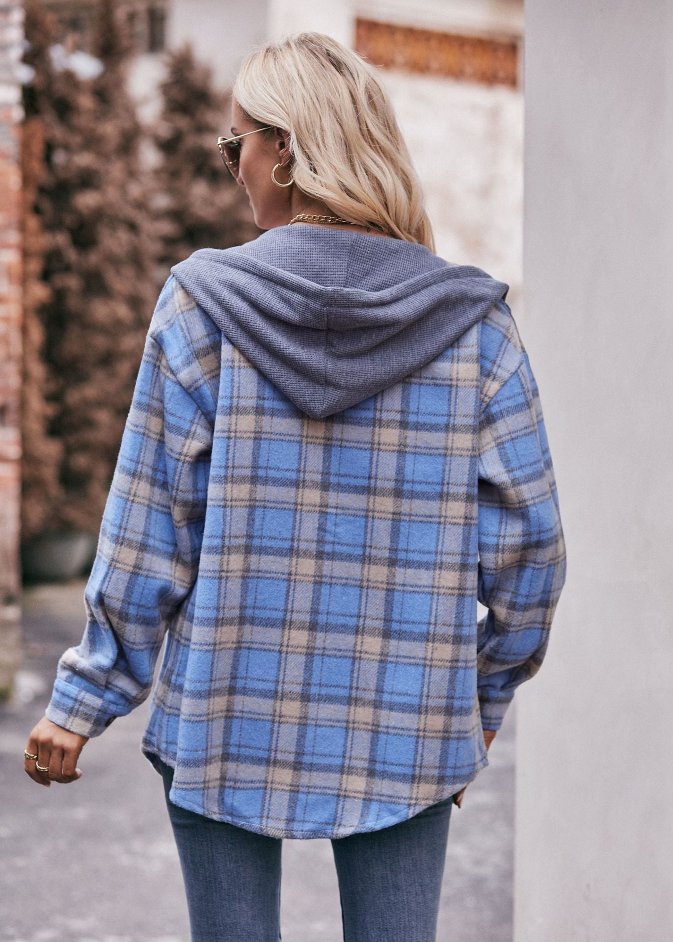 Women's Hooded Plaid Flannel Shirt Jacket - Casual Oversized
