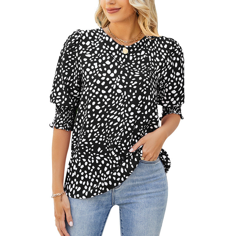 Loose Fit Printed Chiffon Short Sleeve Round Neck Shirt
