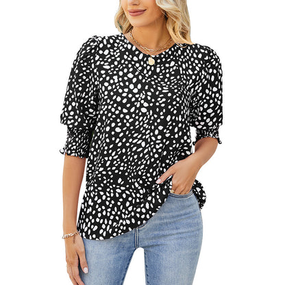 Loose Fit Printed Chiffon Short Sleeve Round Neck Shirt