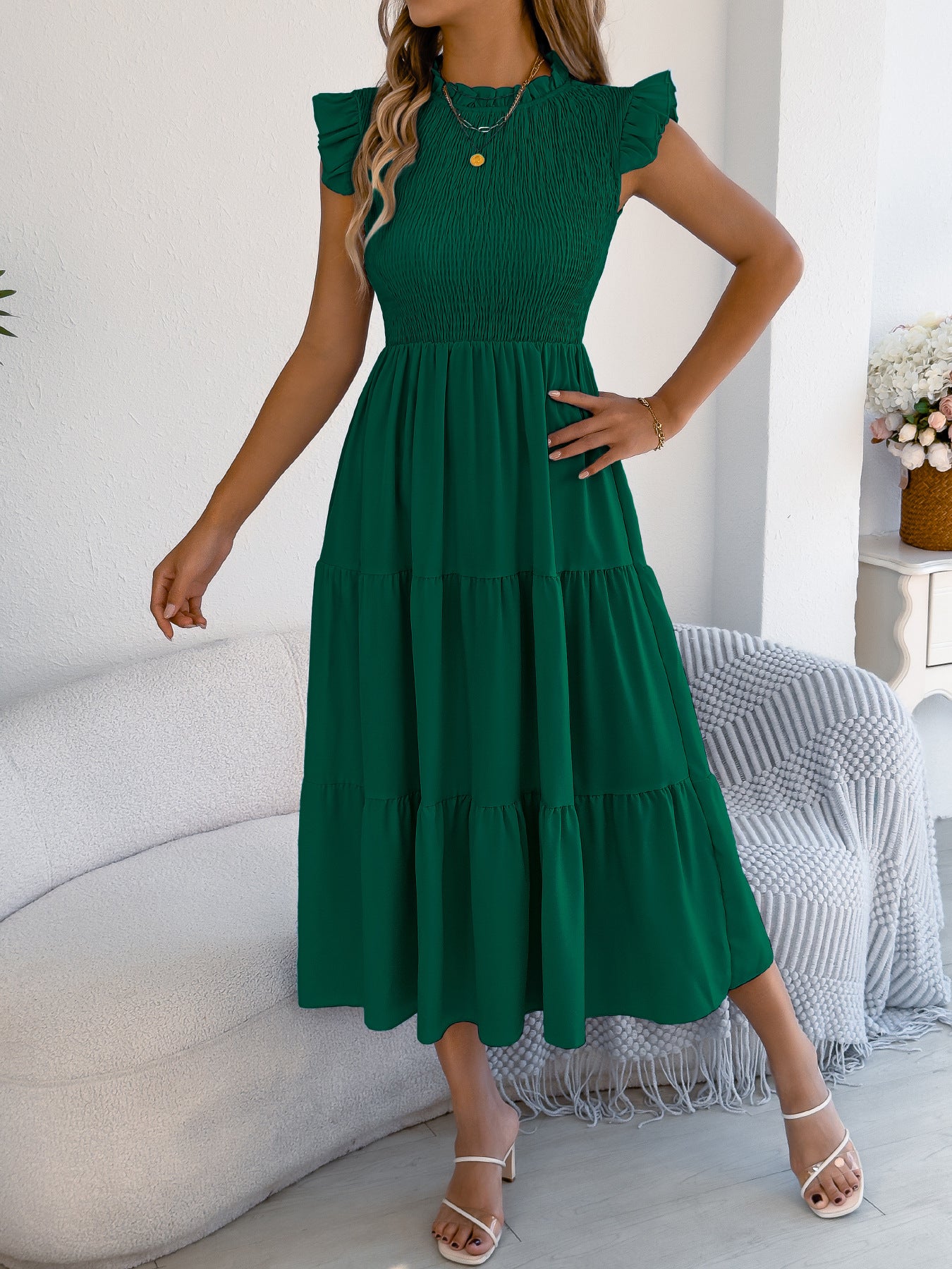 Smocked Ruffle Sleeve Tiered Maxi Dress