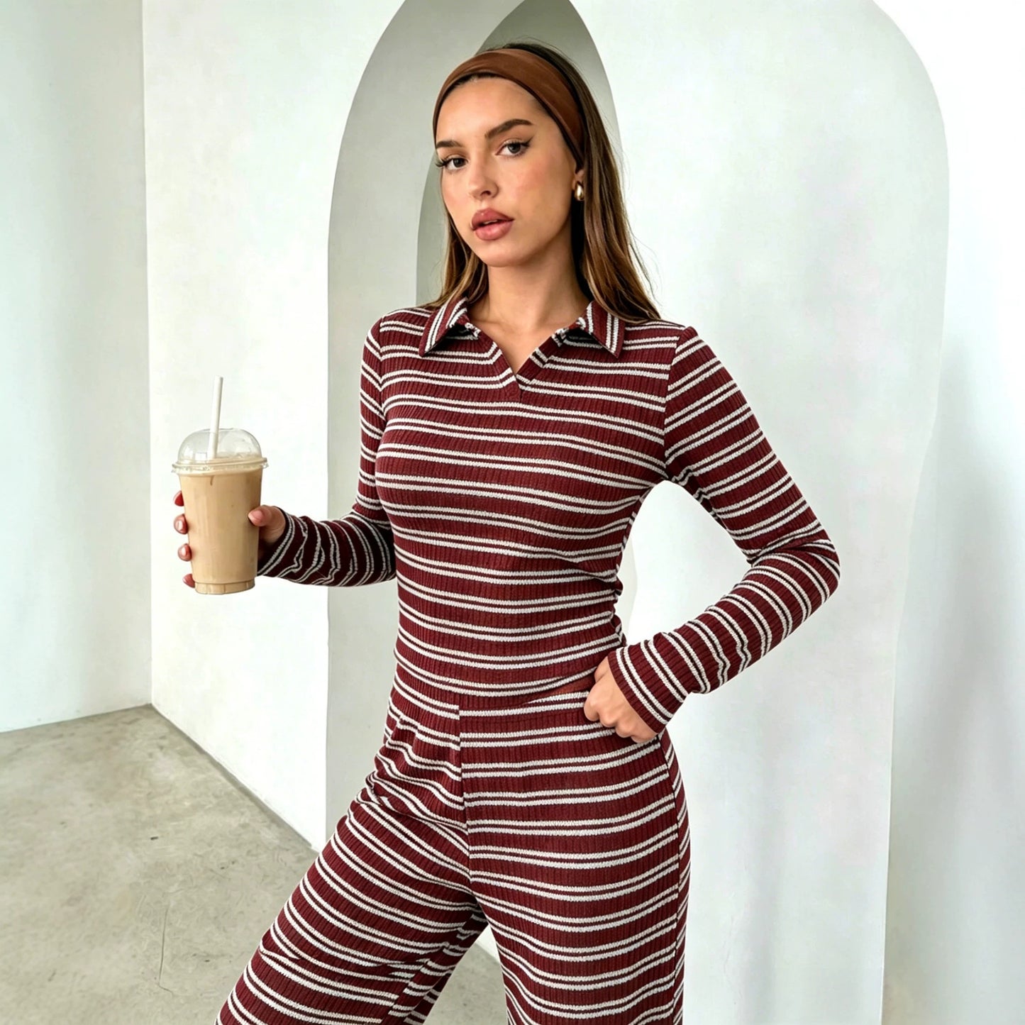 Striped Colorblock Collar Long Sleeve Top & Pants Set