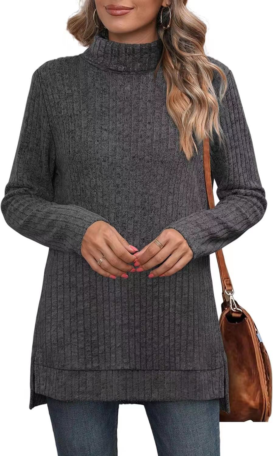 Oversized Ribbed Turtleneck Tunic Top Side Split