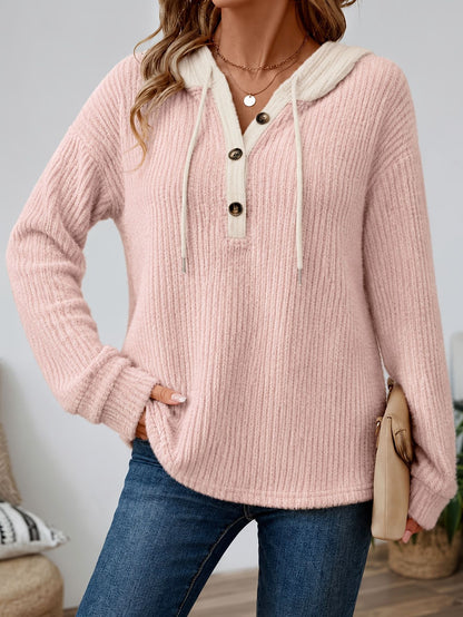 Women's Henley Hoodie V Neck Button Drawstring Top