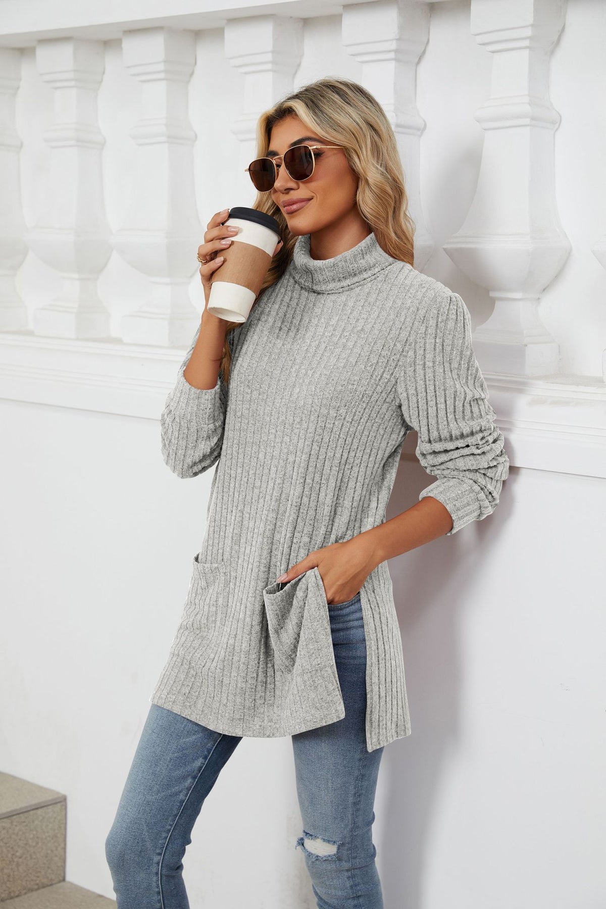 Women's Ribbed Mock Neck Long Sleeve Tunic with Pockets