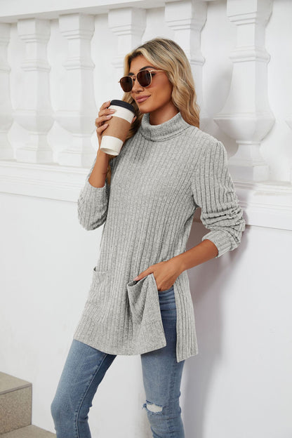 Women's Ribbed Mock Neck Long Sleeve Tunic with Pockets