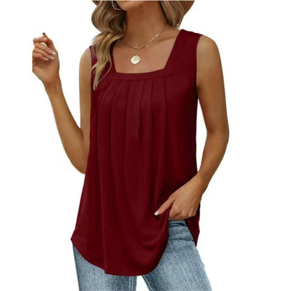 Orange Square Neck Pleated Sleeveless Flowy Tank Top