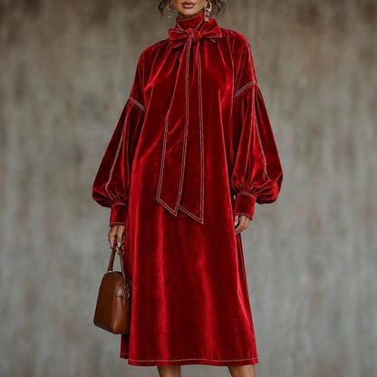 Elegant Velvet Tie Neck Midi Dress Long Puff Sleeve
