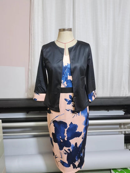 Plus Size Abstract Print 2 Piece Blazer Midi Skirt Set