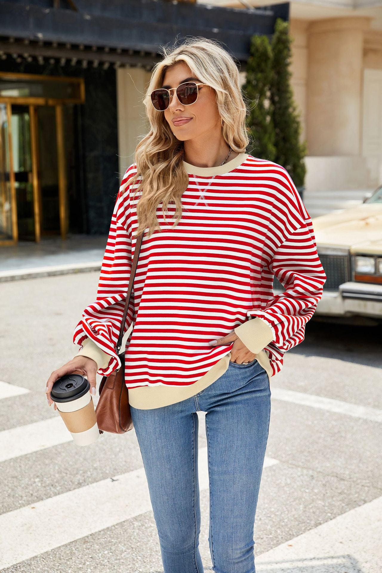 Striped Color Block Crew Neck Loose Fit Long Sleeve Sweatshirt