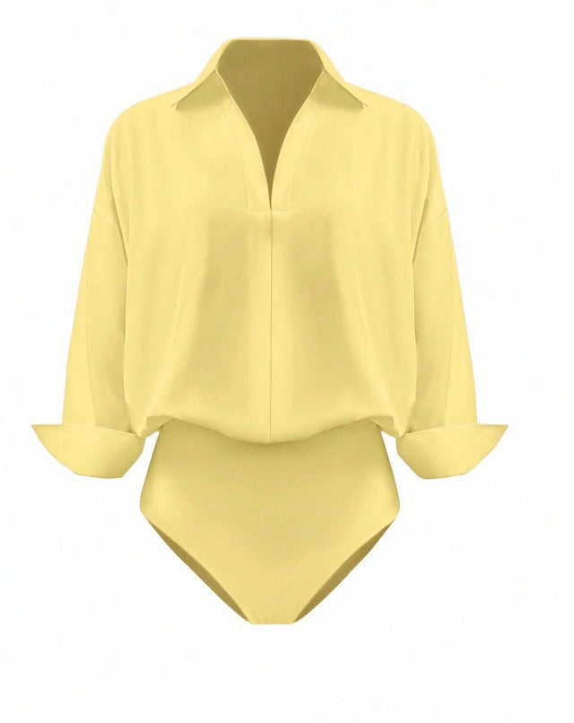 Women's V Neck Collared Business Casual Blouse Long Sleeve
