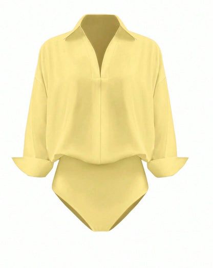 Women's V Neck Collared Business Casual Blouse Long Sleeve