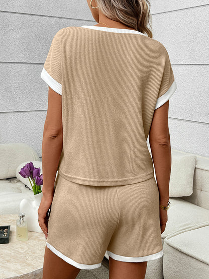 Green Ribbed Lounge Set Contrast Trim Tee Shorts Set