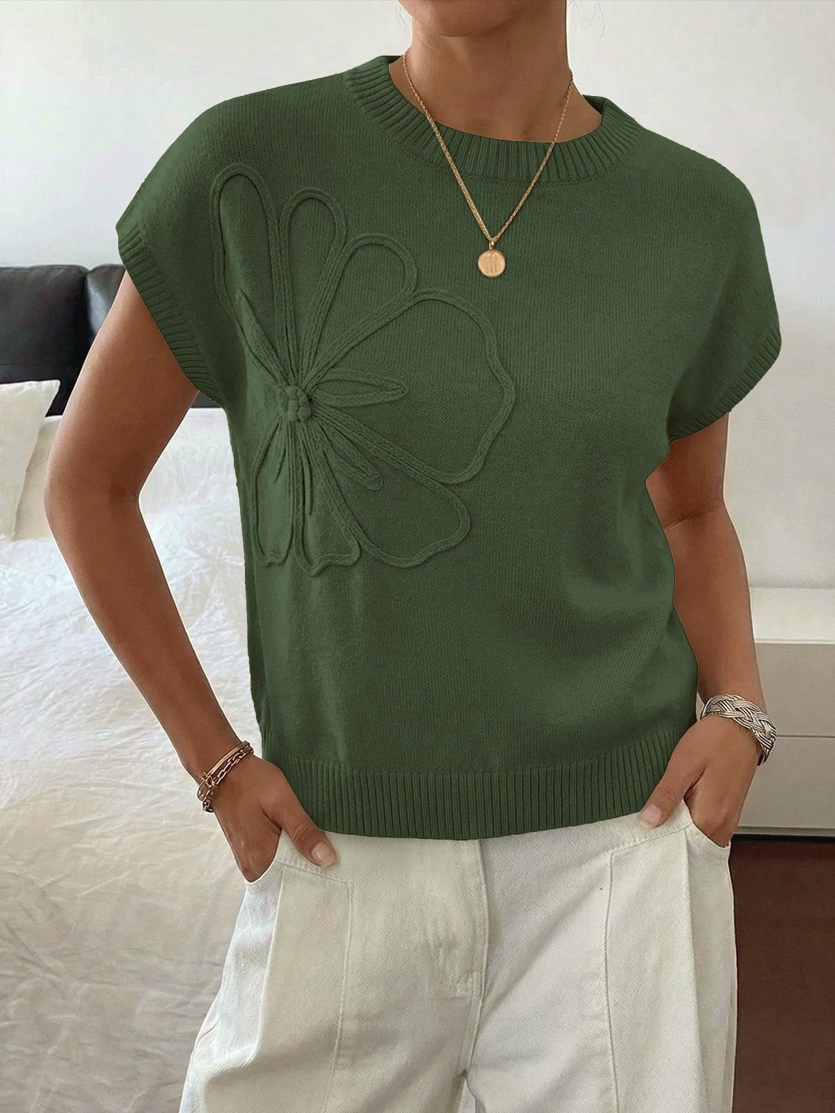 Floral Knit Sweater Short Sleeve Textured Summer Top