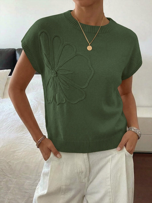 Floral Knit Sweater Short Sleeve Textured Summer Top