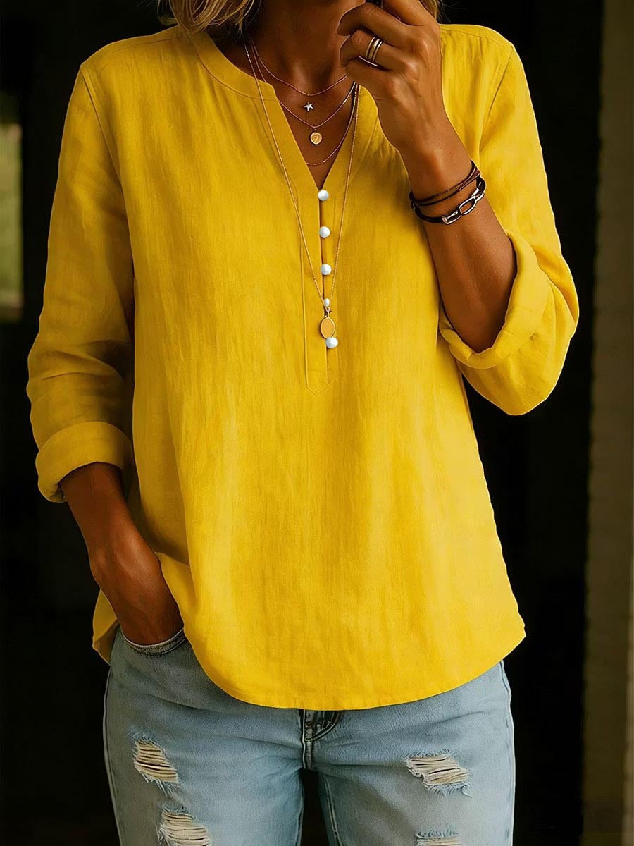 Women's V Neck Long Sleeve Button Cotton Linen Blouse