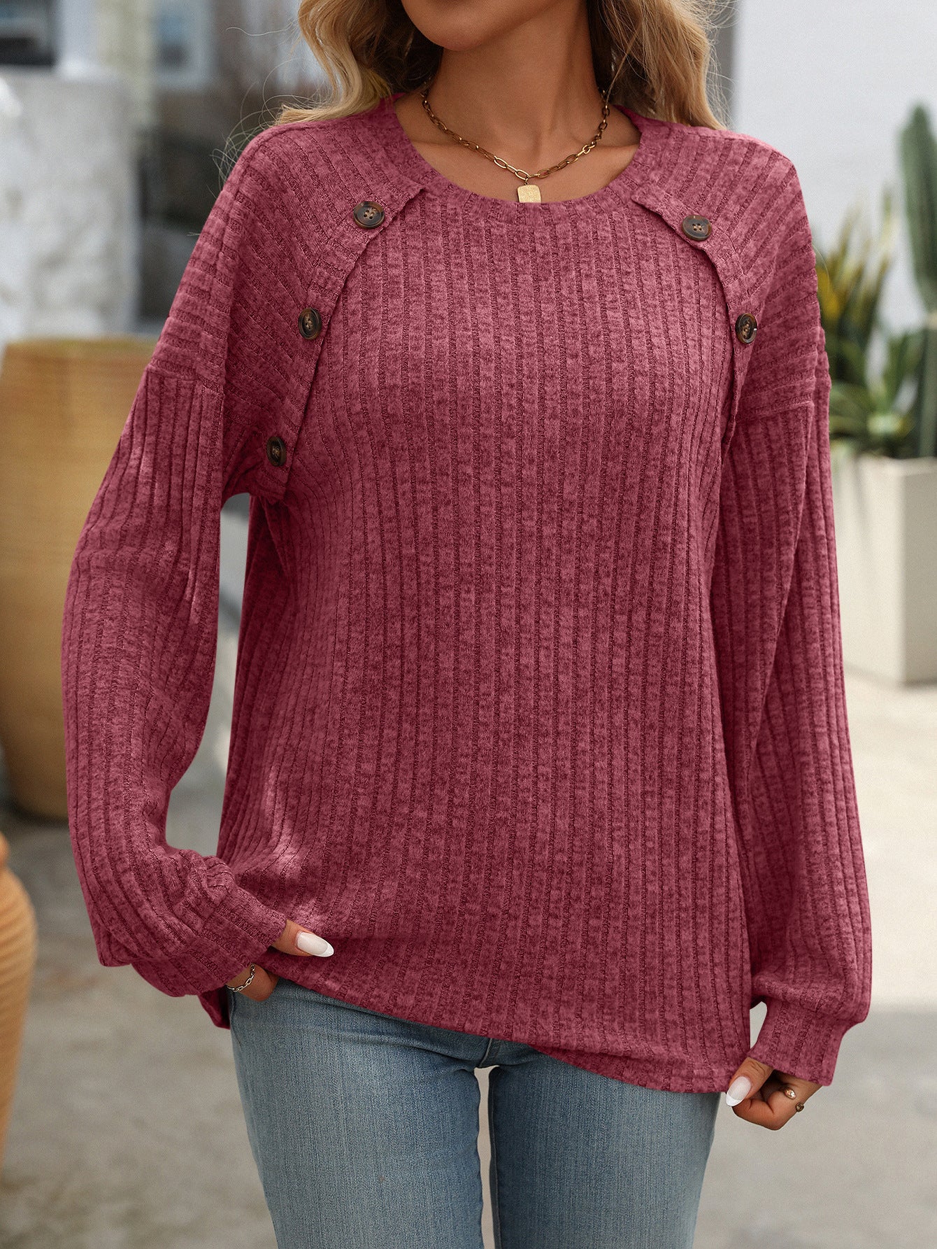Casual Solid Color Ribbed Knit Button Detail Long Sleeve Top