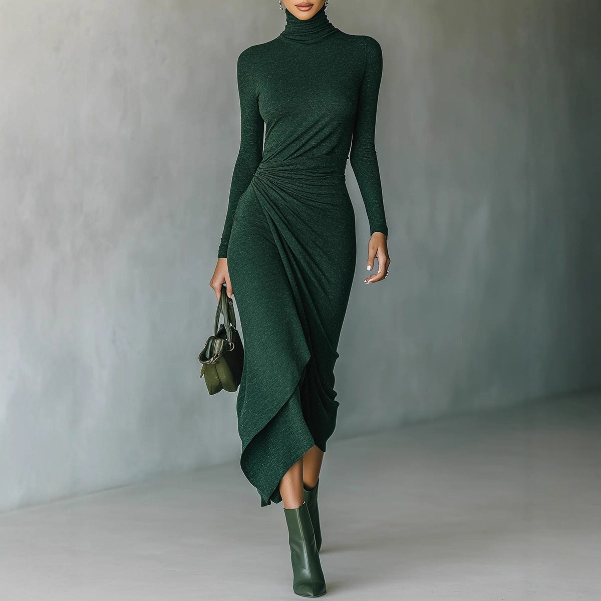 Turtleneck Long Sleeve Ruched Asymmetrical Midi Dress