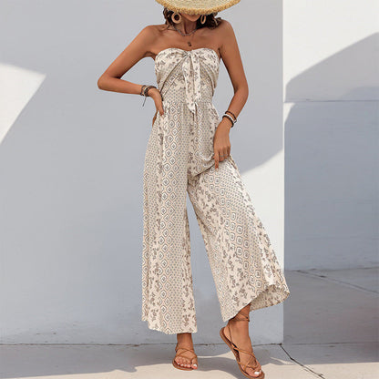 Boho Strapless Printed Wide Leg Jumpsuit Resort Romper