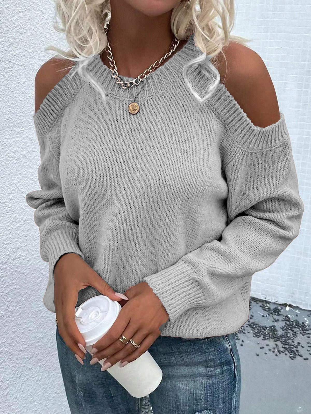 Women's Cold Shoulder Knit Sweater Crew Neck Pullover