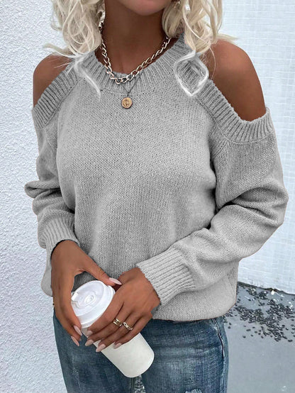 Women's Cold Shoulder Knit Sweater Crew Neck Pullover