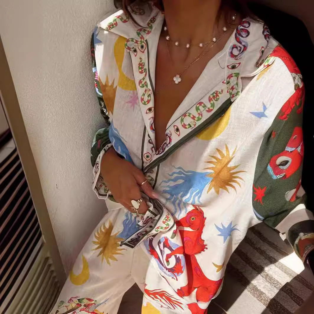 Women's Cotton Linen Printed Shirt and Pants Set