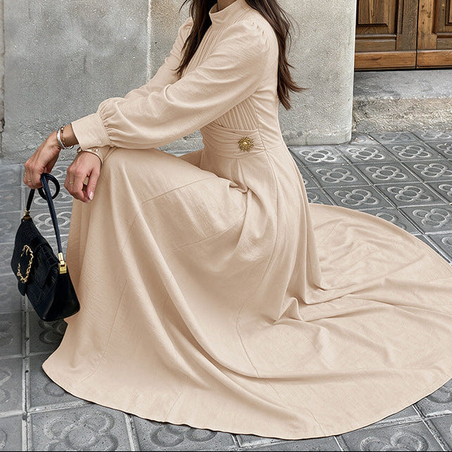 Mock Neck Zipper Pleated Balloon Sleeve Maxi Dress