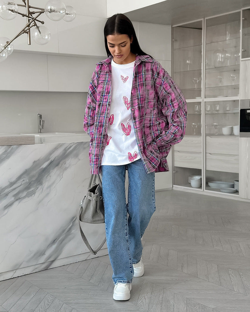 Oversized Plaid Cotton Shacket Long Sleeve Button Up