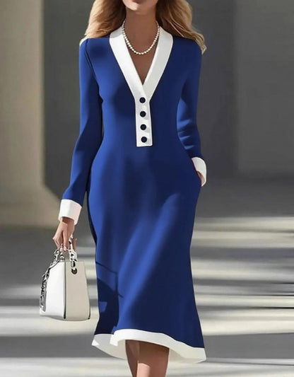 Color Block V-Neck Long Sleeve Midi Work Dress