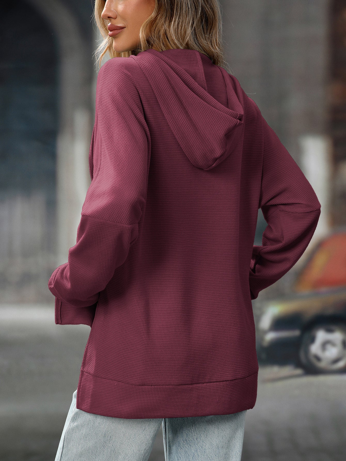 Womens Waffle Knit Hoodie Pullover Casual Pocket Top