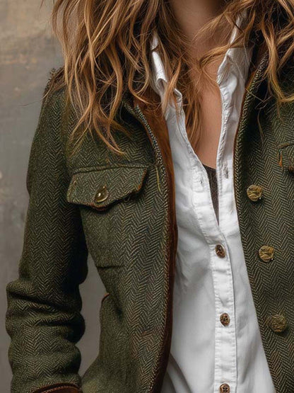 Women Herringbone Tweed Blazer Velvet Trim Vintage Jacket
