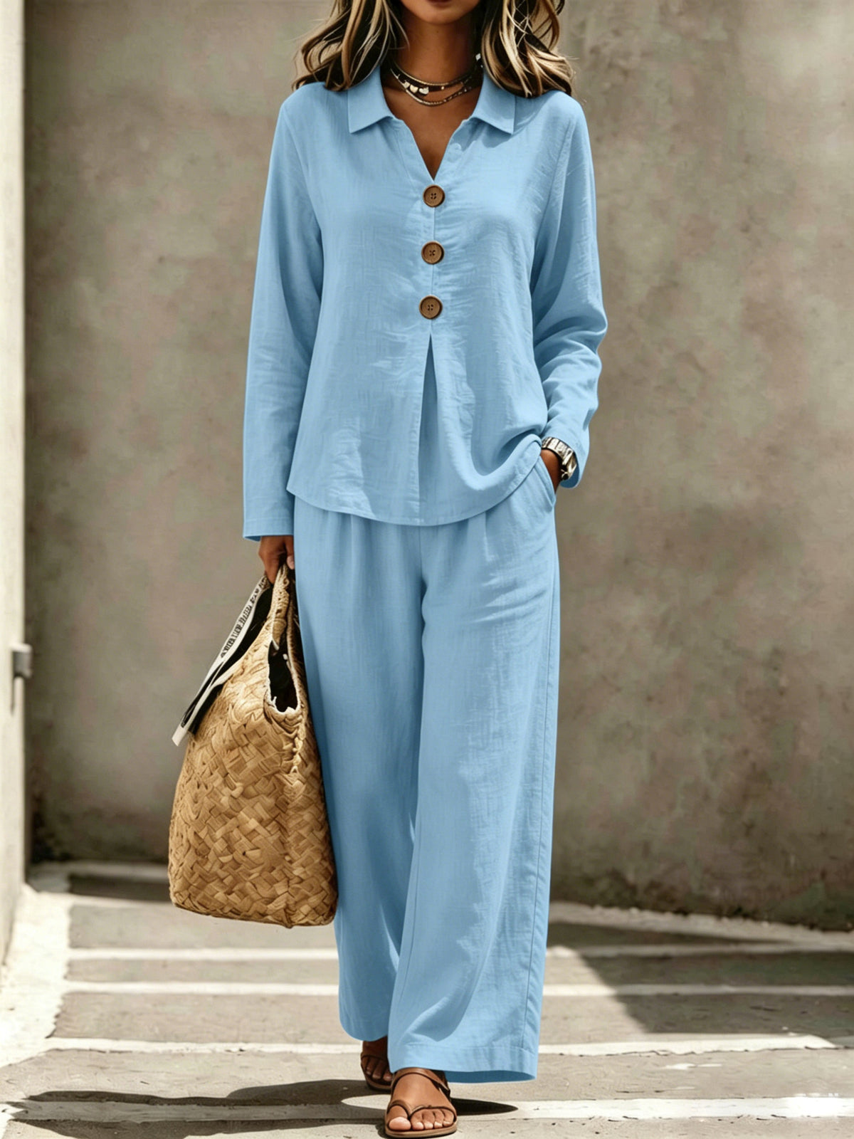 Womens Linen Button Shirt Wide Leg Pants Two Piece Set