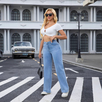 High Waist Vintage Wash Straight Leg Denim Jeans