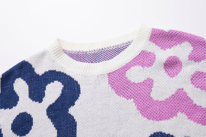 Oversized Floral Color Block Crewneck Sweater