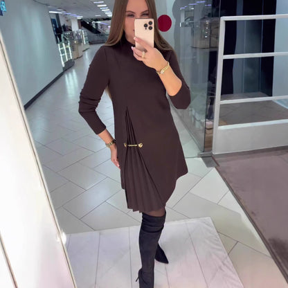 Black Mock Neck Long Sleeve Ruched Midi Dress